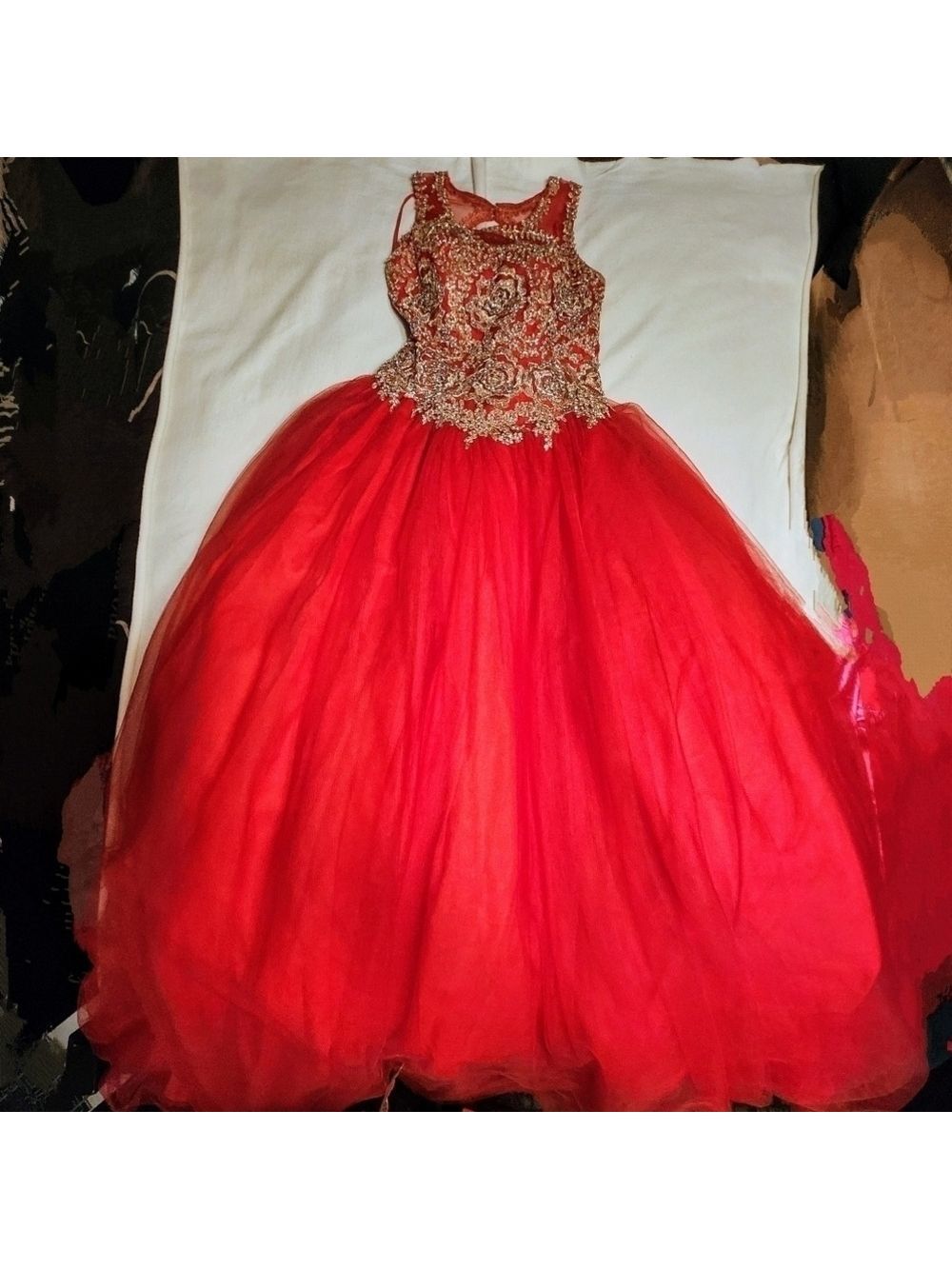 Layla K Quinceanera Ball Gown Dress Red Gold Beaded Size 6 - Picture 8 of 13